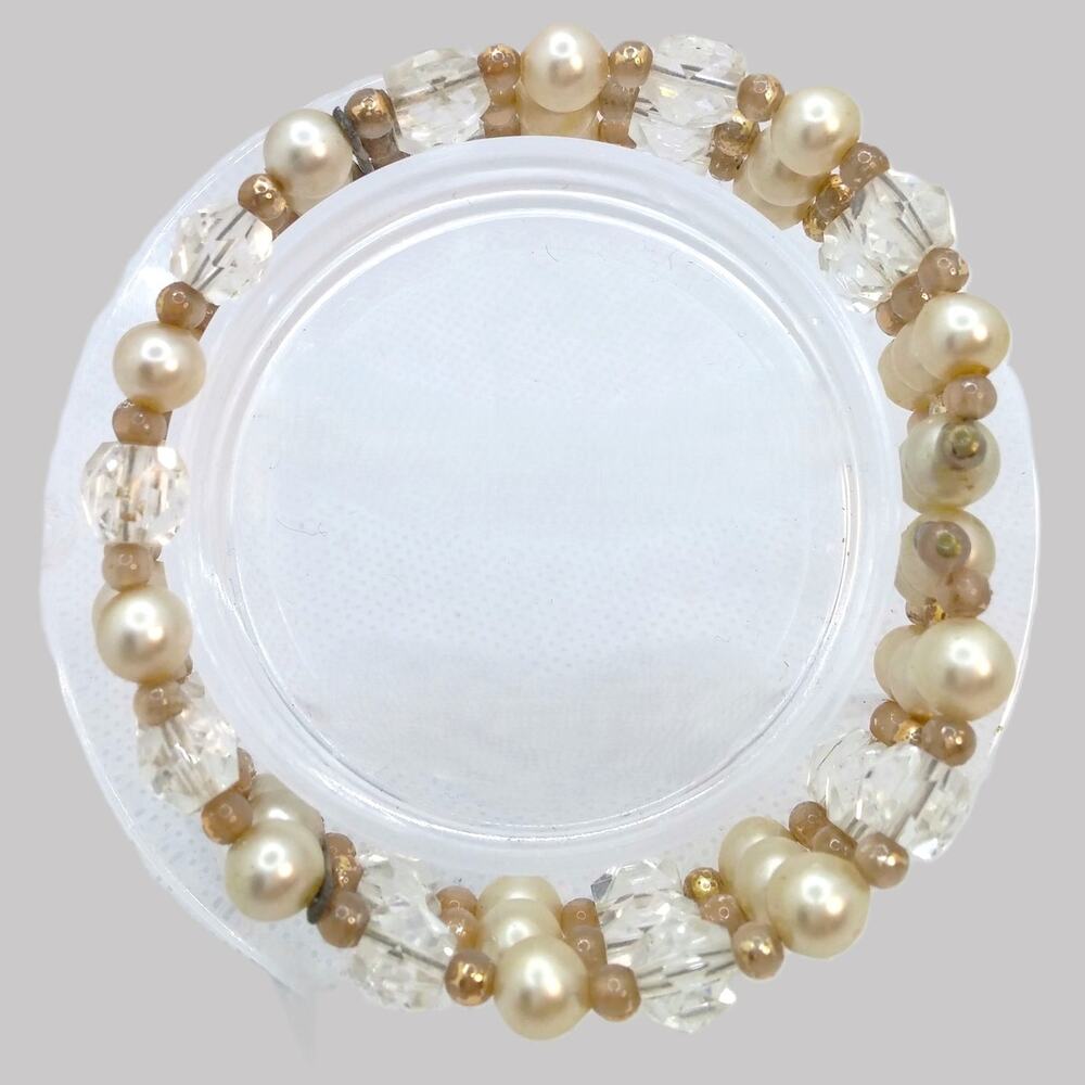 Vintage Faux Pearl Cuff Bracelet Three Strands Flex Fit Crystal Beaded Classic - Picture 5 of 10
